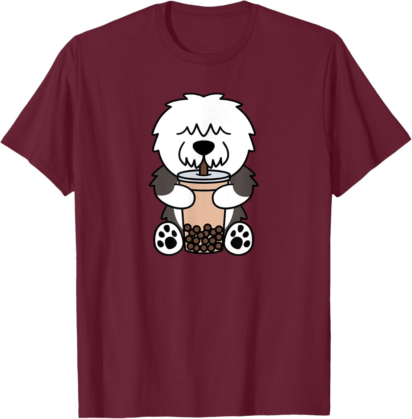 Boba Bubble Milk Tea Old English Sheepdog Dog T-Shirt - T-Shirt | Maroon