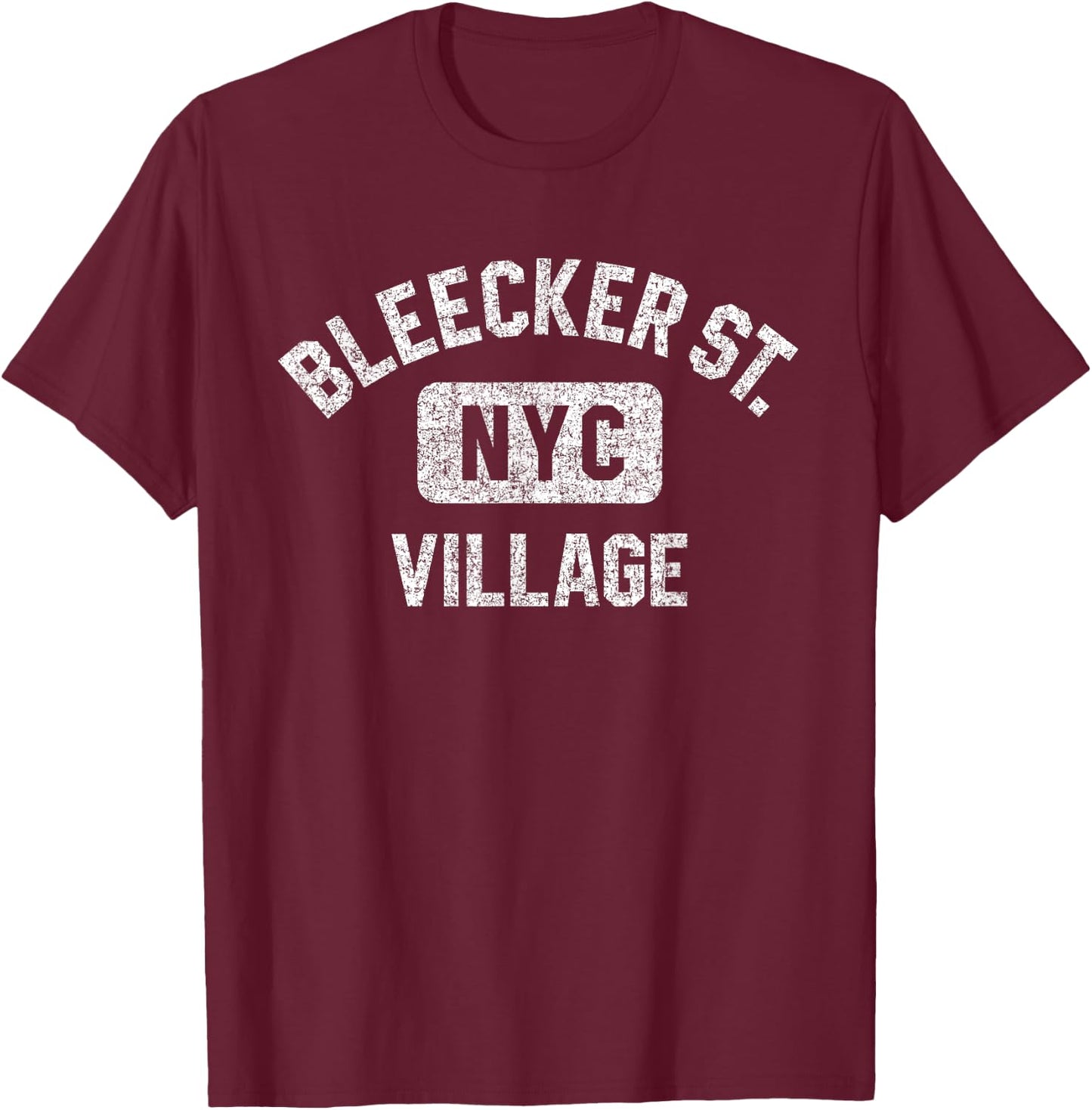 Bleecker Street Village NYC Gym Style Distressed White Print T-Shirt - T-Shirt | Maroon