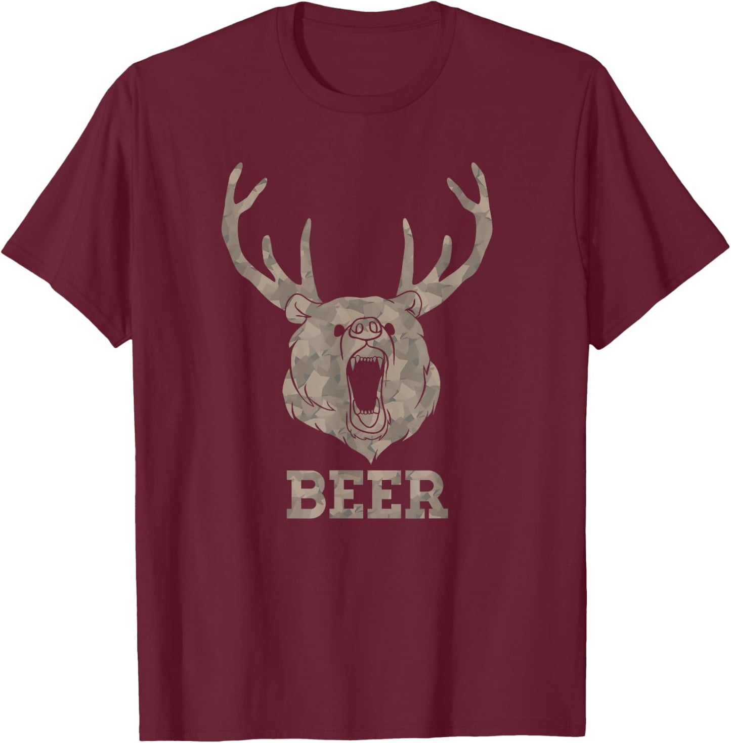 Bear Deer Beer Drinking Camo Antlers Hunting Camping Gift T-Shirt - T-Shirt | Maroon