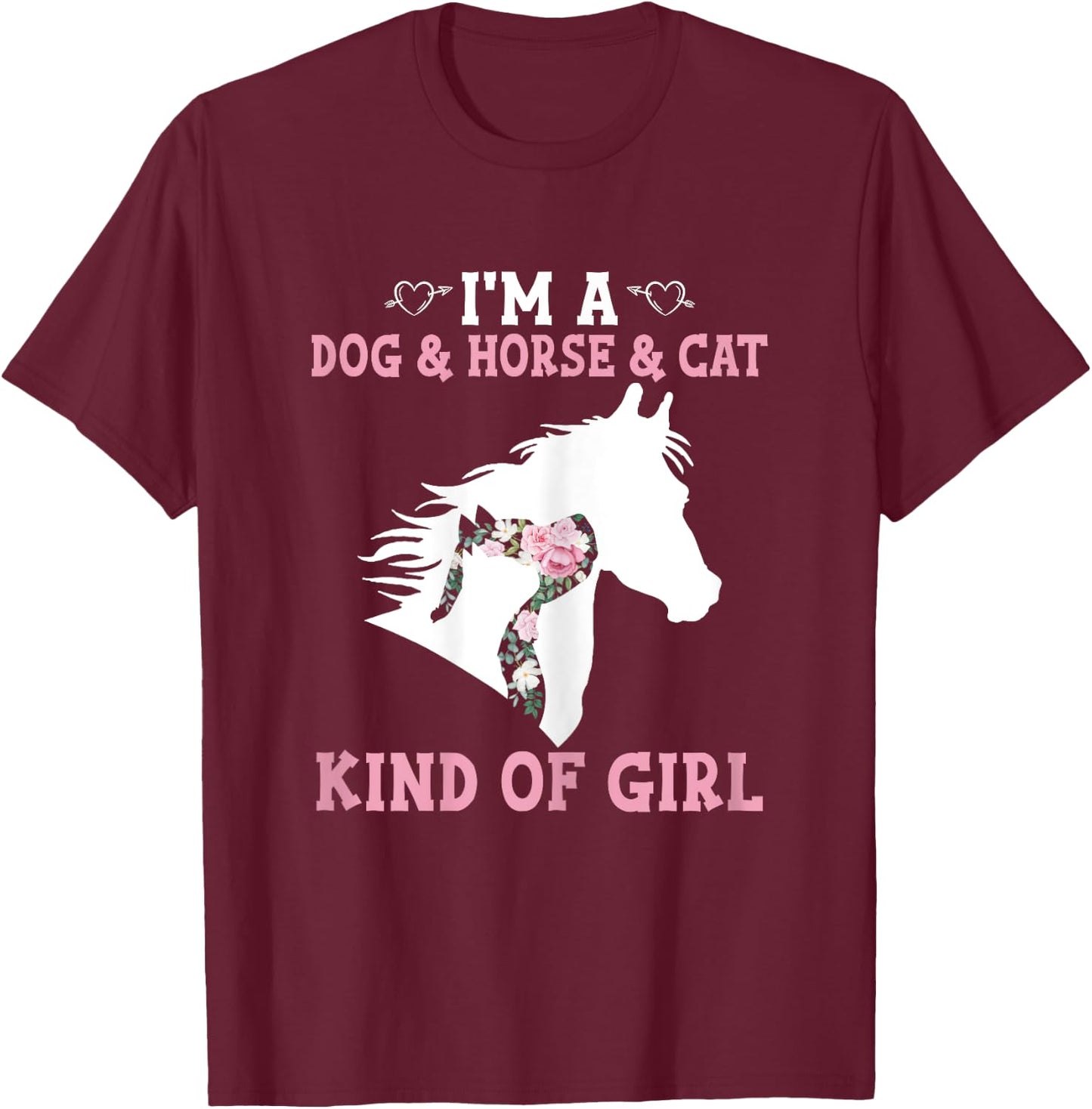 Dy Dog Horse Cat Floral Silhouette Animal Lover Girl Gift T-Shirt - T-Shirt | Maroon