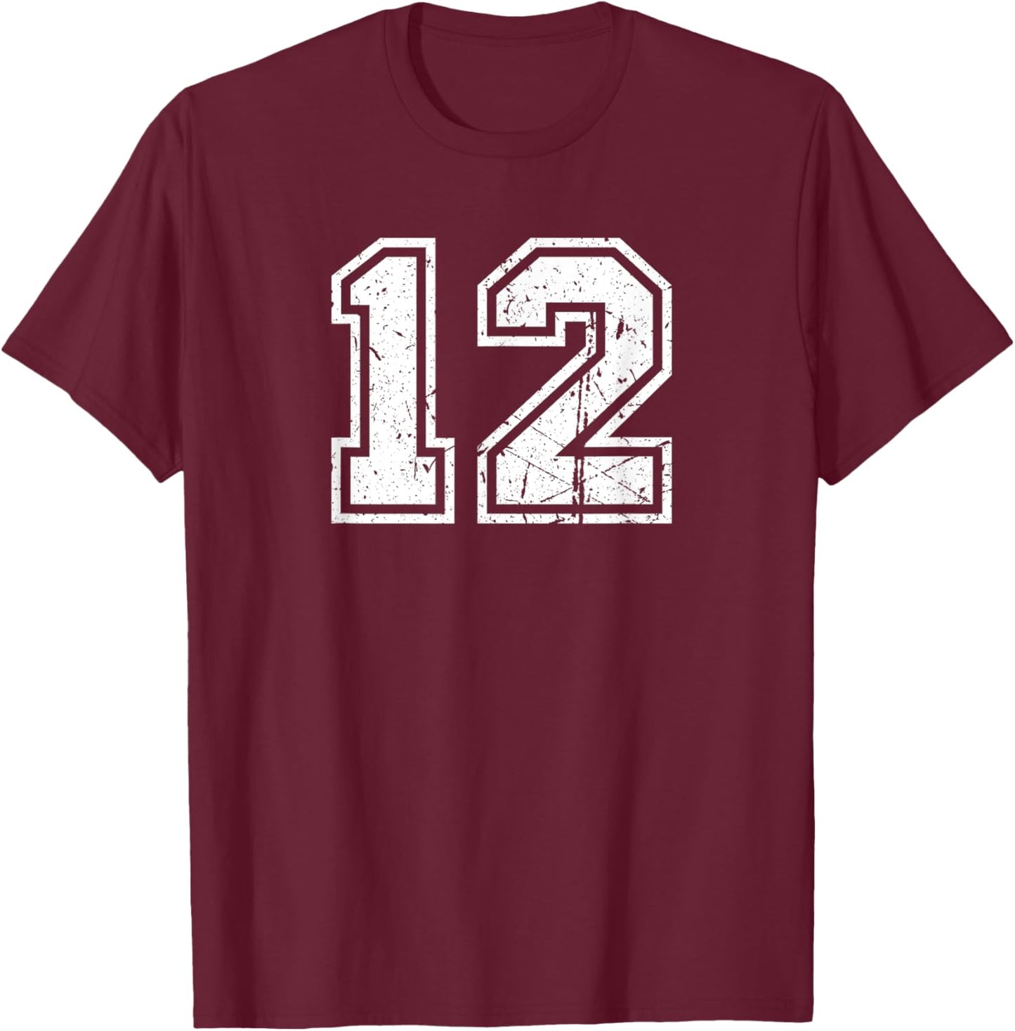 Distressed Number #12 White Sports Team T-Shirt - T-Shirt | Maroon