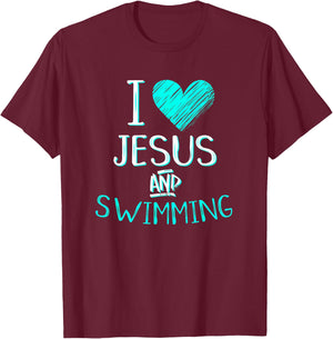 I Love Jesus And Swimming Christian Swimmer Birthday Gift T-Shirt - T-Shirt | Maroon