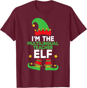 Multilingual Teacher Elf Family Holiday Matching Christmas T-Shirt - T-Shirt | Maroon