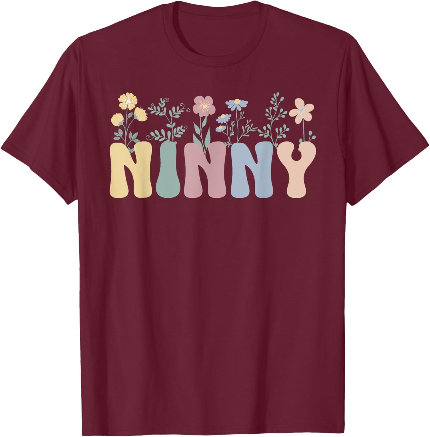 Groovy Ninny Grandma On Mother's Day Black Floral Pattern Casual T-Shirt - T-Shirt | Maroon