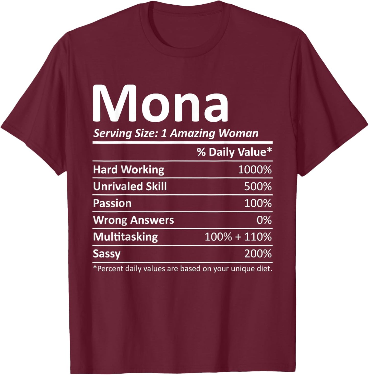 MONA Nutrition Personalized Name Funny Christmas Gift T-Shirt - T-Shirt | Maroon