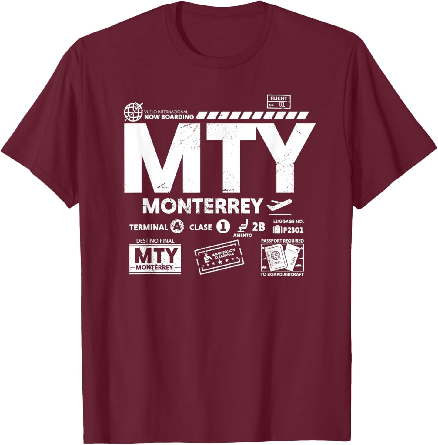 Vintage Monterrey MTY Airport Code Travel Day Retro Tag MX T-Shirt - T-Shirt | Maroon
