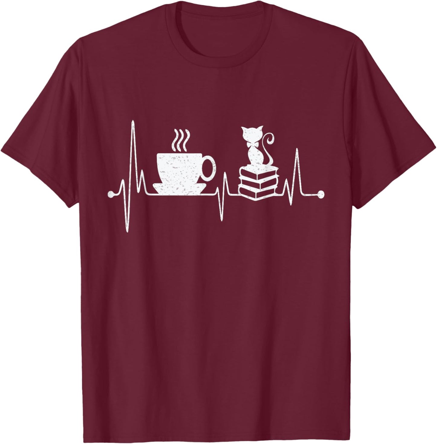 Cat Book Coffee Lover Heartbeat Cat Lover Book Lover T-Shirt - T-Shirt | Maroon