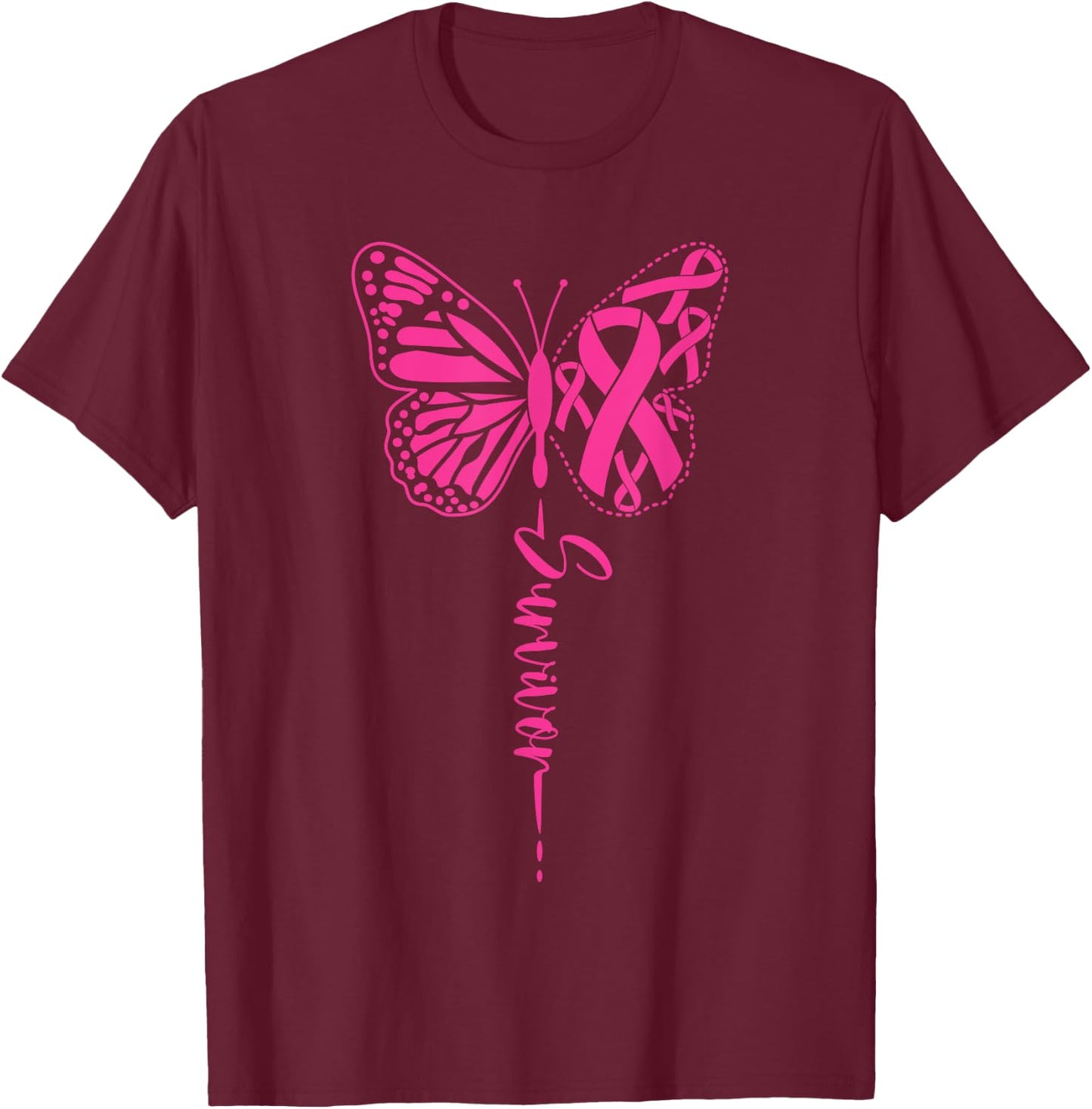 I am a Survivor Ribbon Butterfly Breast Cancer Awareness T-Shirt - T-Shirt | Maroon