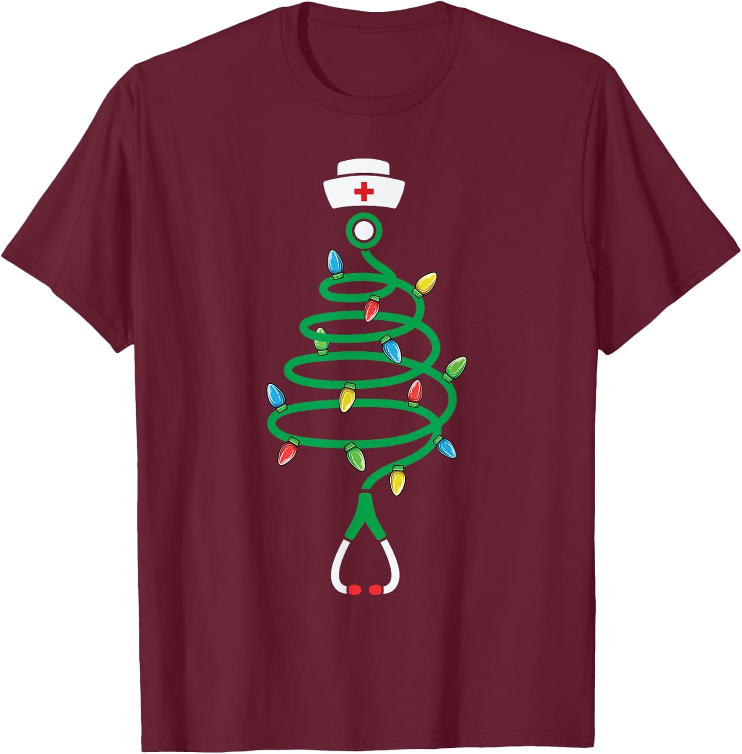 Nurse Christmas Medical Worker Designs Stethoscope Christmas Tree Lights , Adult, Black, Short Sleeve, Small T-Shirt - T-Shirt | Maroon