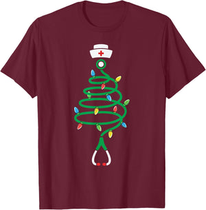 Nurse Christmas Medical Worker Designs Stethoscope Christmas Tree Lights , Adult, Black, Short Sleeve, Small T-Shirt - T-Shirt | Maroon
