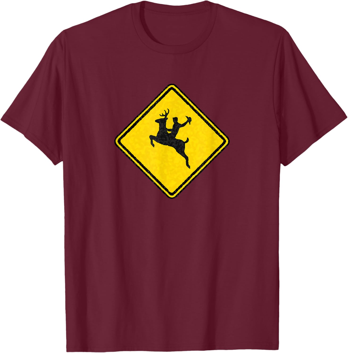 Bucking Deer Crossing Road Sign with Cowboy for Rodeo Fans T-Shirt - T-Shirt | Maroon
