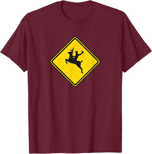 Bucking Deer Crossing Road Sign with Cowboy for Rodeo Fans T-Shirt - T-Shirt | Maroon