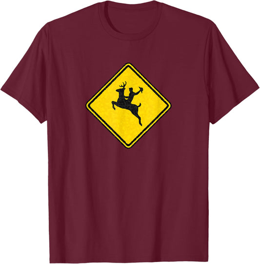 Bucking Deer Crossing Road Sign with Cowboy for Rodeo Fans T-Shirt - T-Shirt | Maroon
