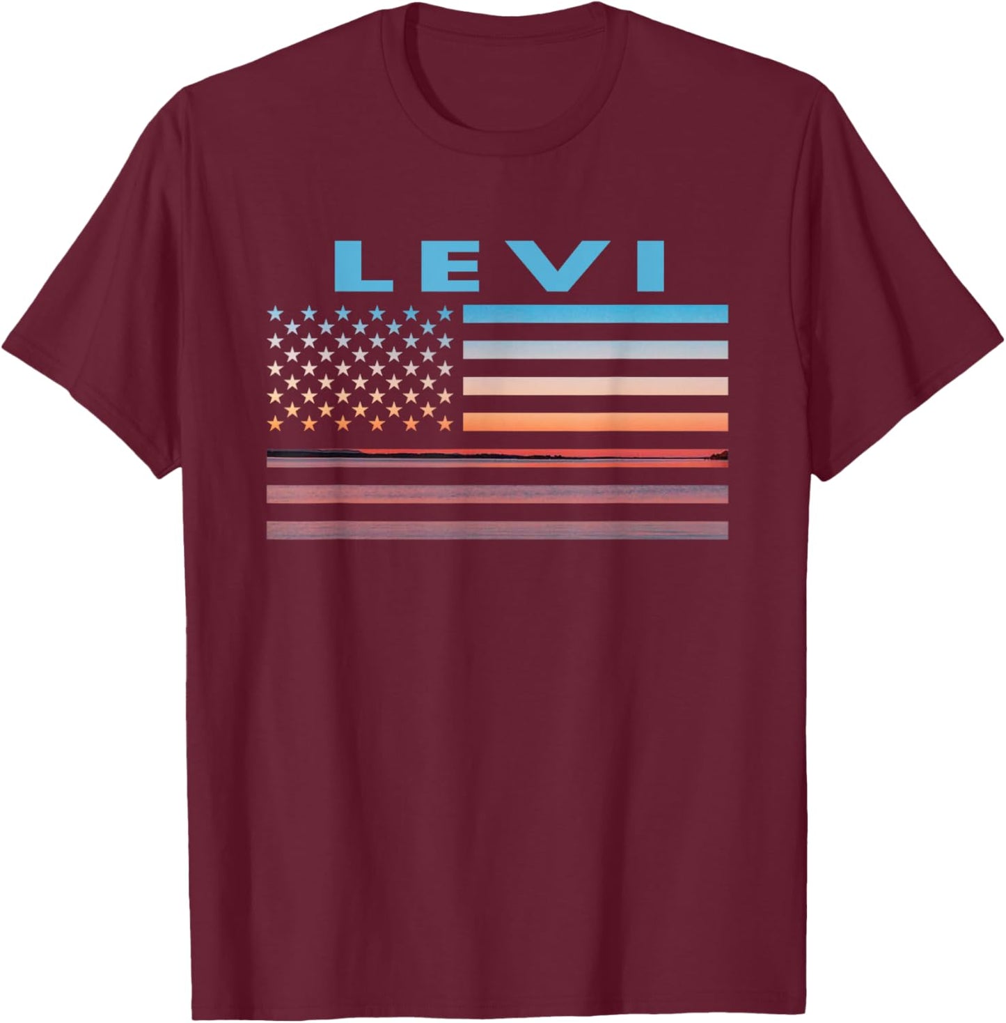 Vintage Sunset American Flag Levi, Texas Women Men T-Shirt - T-Shirt | Maroon