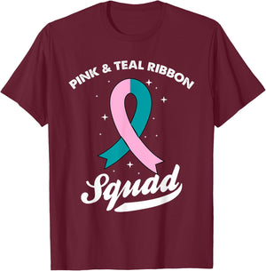 Pink & Teal Ribbon Squad Ovarian Breast Cancer Awareness T-Shirt - T-Shirt | Maroon