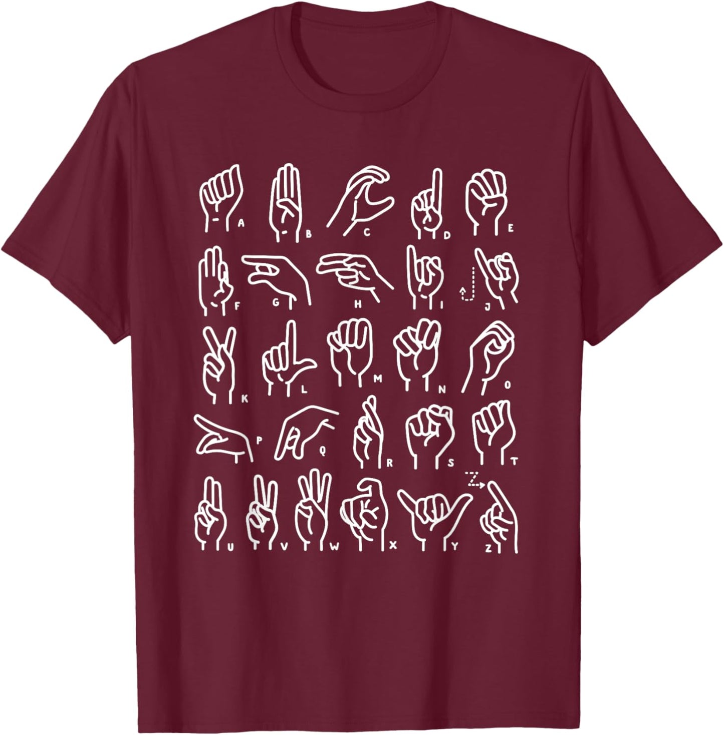 ASL Sign Language Apparel & ABC Sign Language Chart Teacher Hand Letter Alphabet ASL for Kids & Students, , Black, Small, Short Sleeve, Retro Style, Letter Print T-Shirt - T-Shirt | Maroon