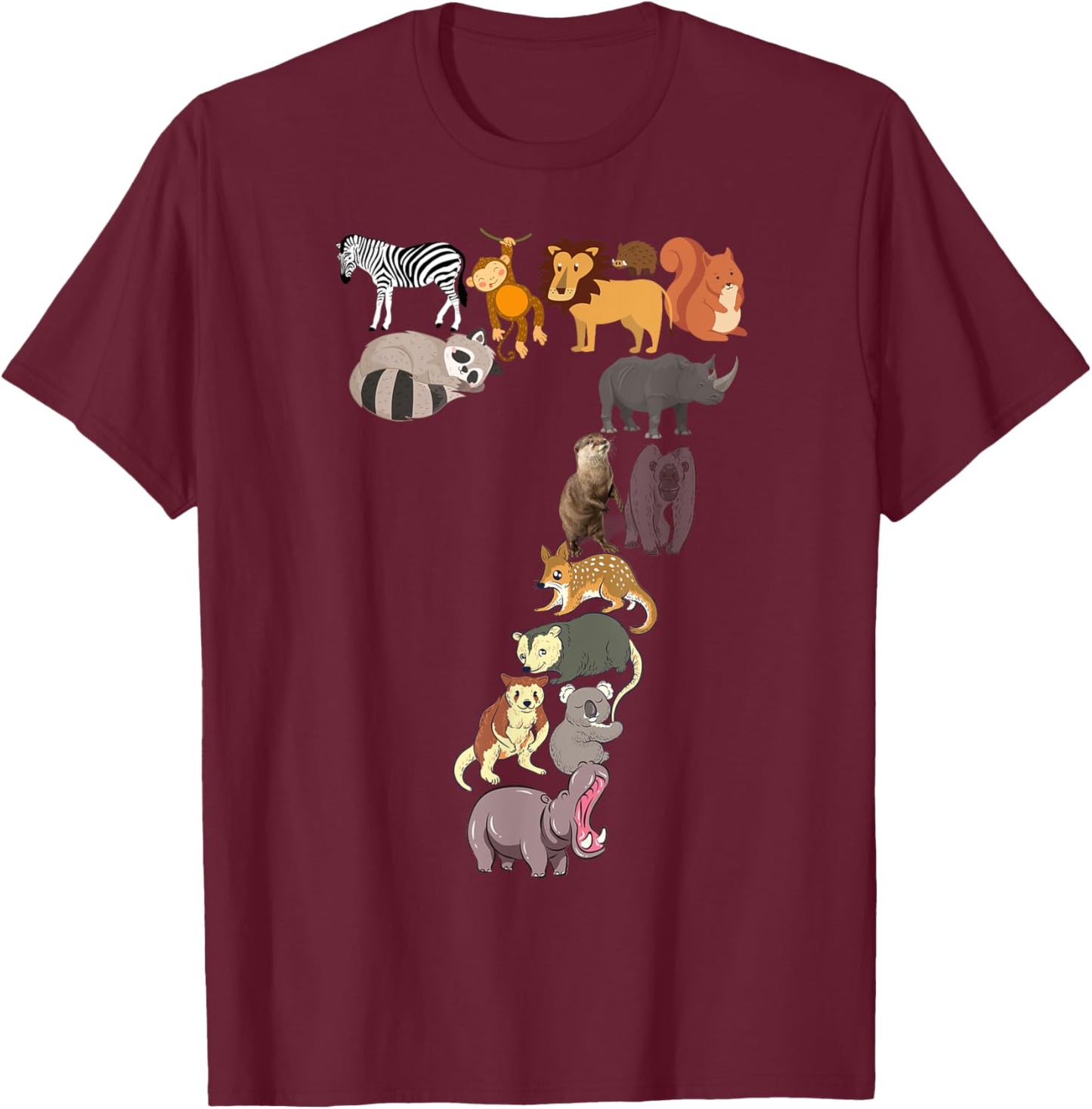 Fun 7th Birthday Safari Zoo Animals Figures Kids 7 Years Old T-Shirt - T-Shirt | Maroon