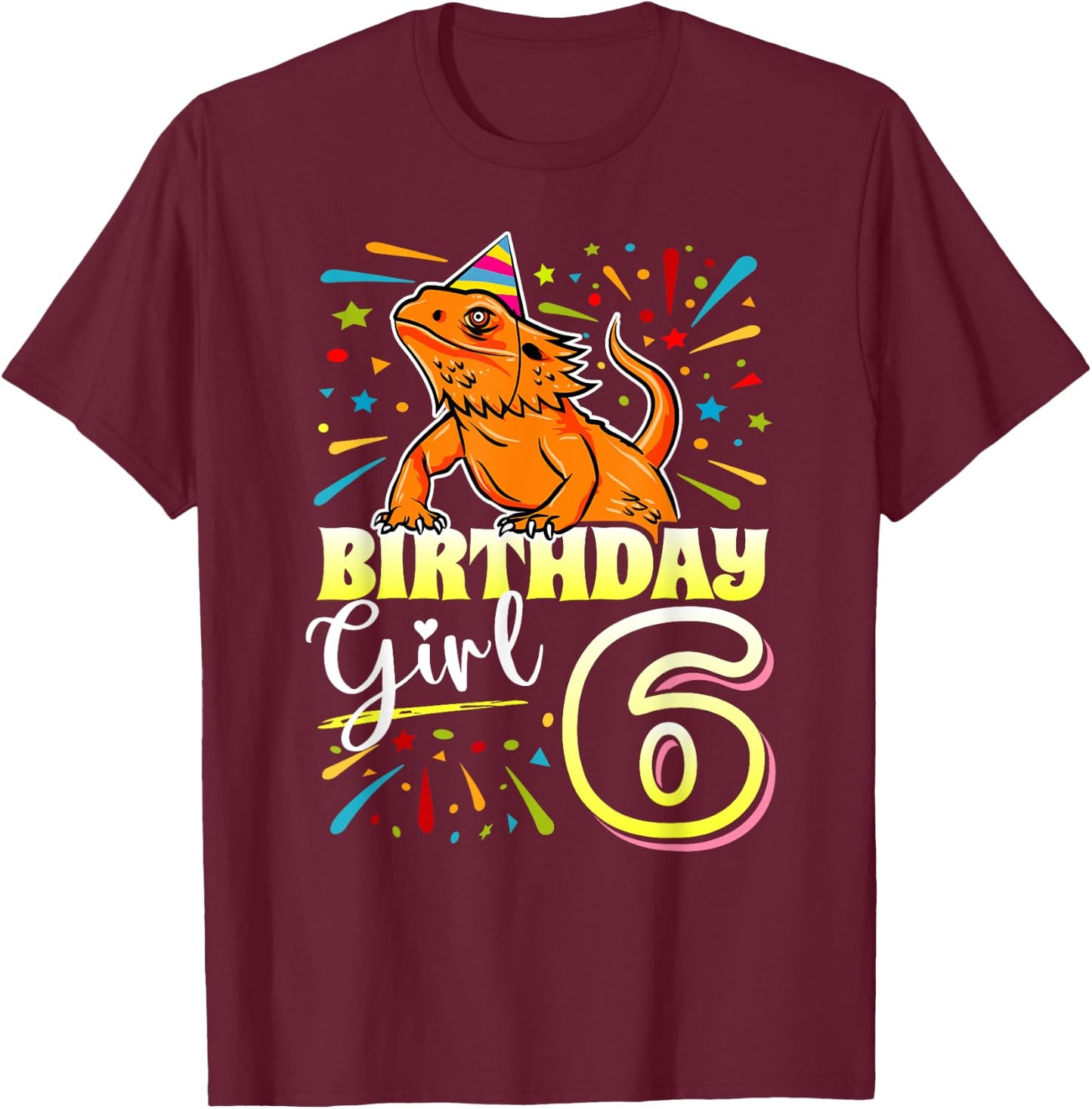 Bearded Dragon Lizard Kids 6th Birthday - 6 Year Old Girl T-Shirt - T-Shirt | Maroon