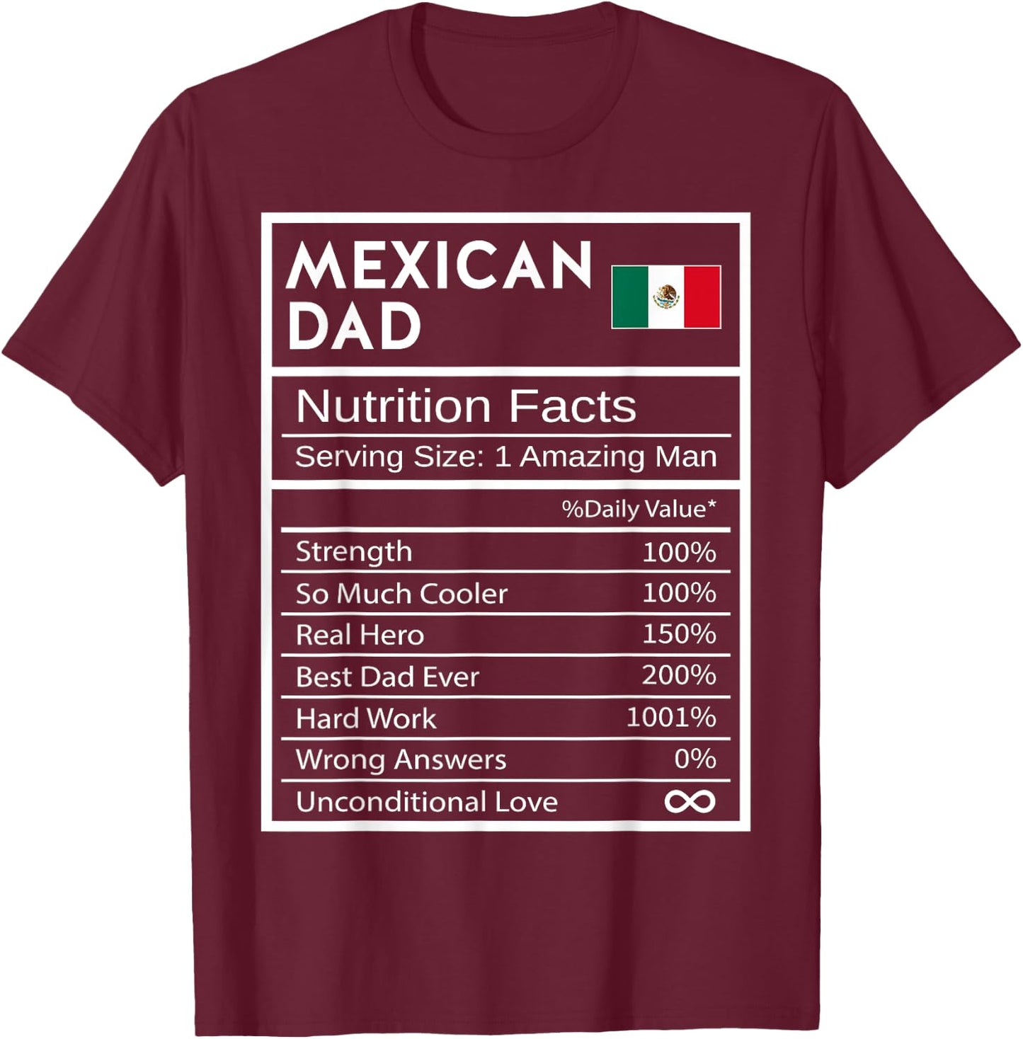 Mexican Dad Nutrition Facts National Pride Gift Dad T-Shirt - T-Shirt | Maroon