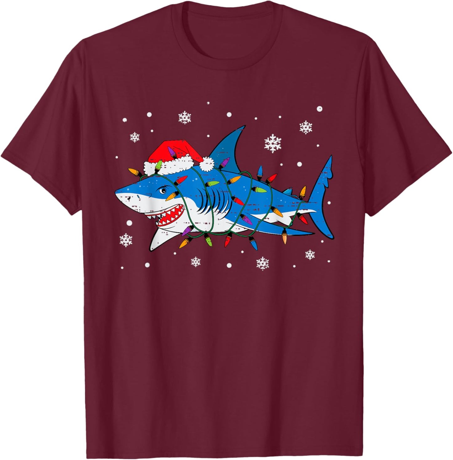 Shark Santa Hat Christmas Lights Xmas Pajama Men Women Kids T-Shirt - T-Shirt | Maroon