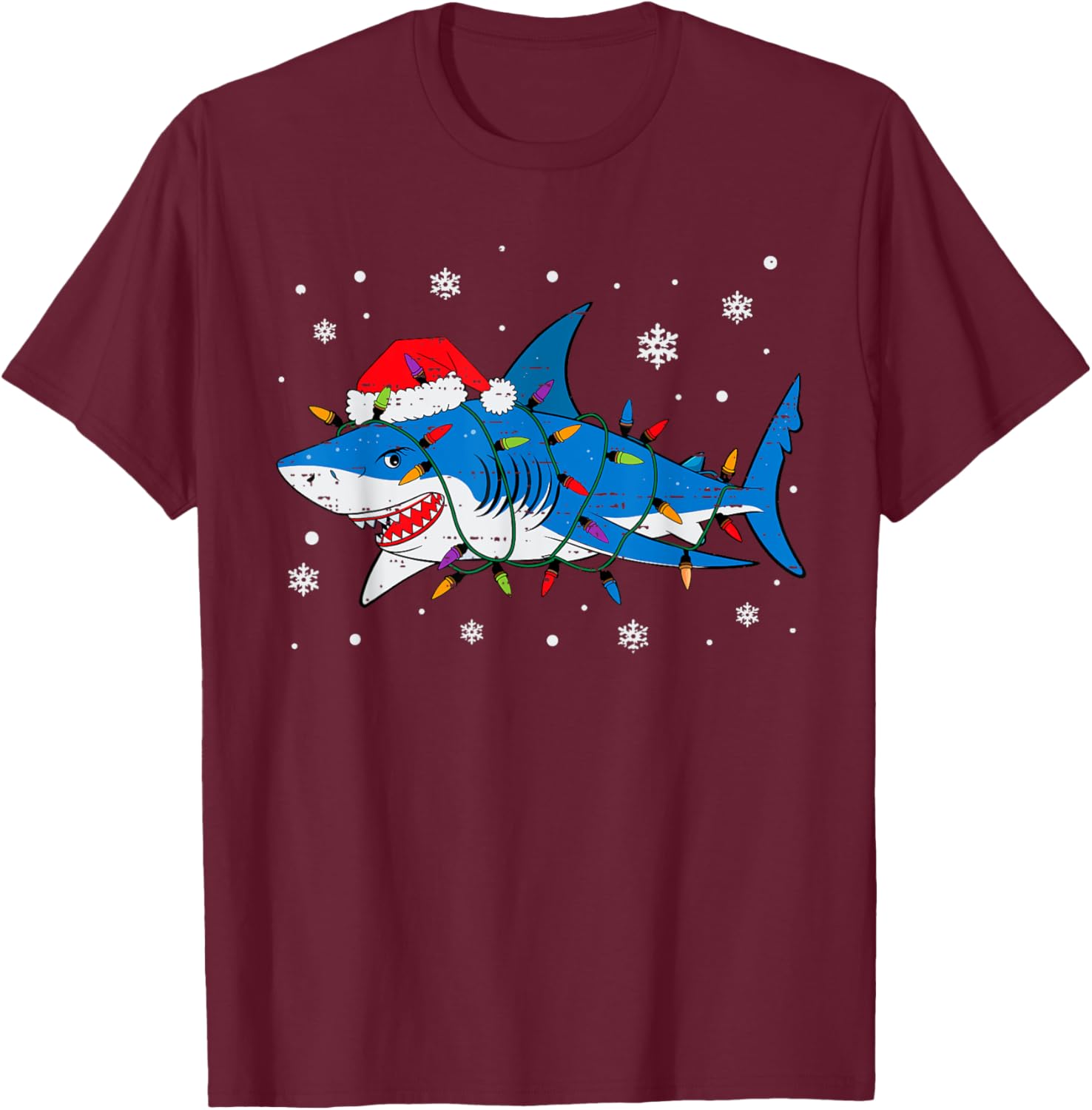 Shark Santa Hat Christmas Lights Xmas Pajama Men Women Kids T-Shirt - T-Shirt | Maroon