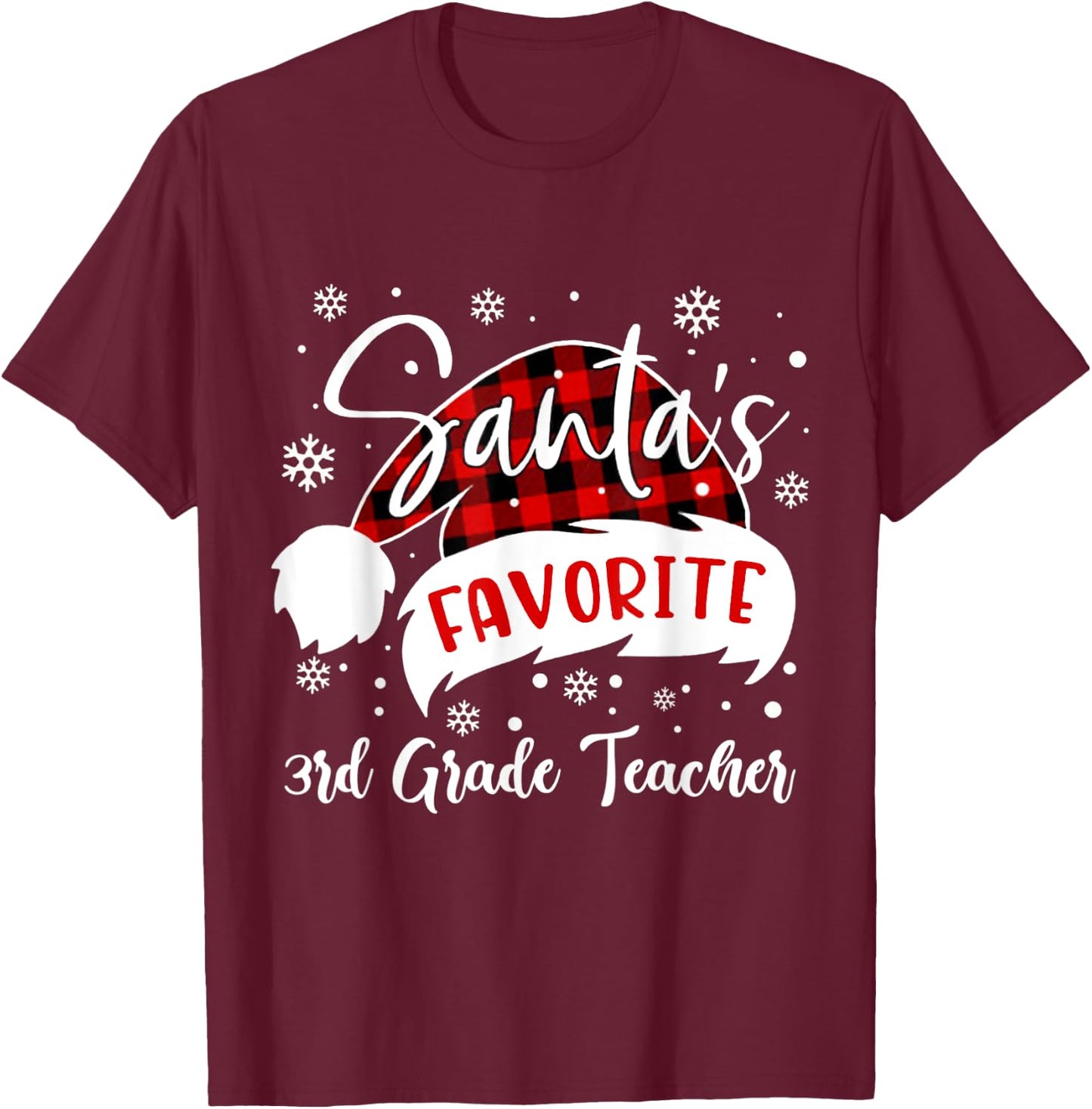 Santa's Favorite 3rd Grade Teacher Hat Flannel Christmas Women Kids T-Shirt - T-Shirt | Maroon