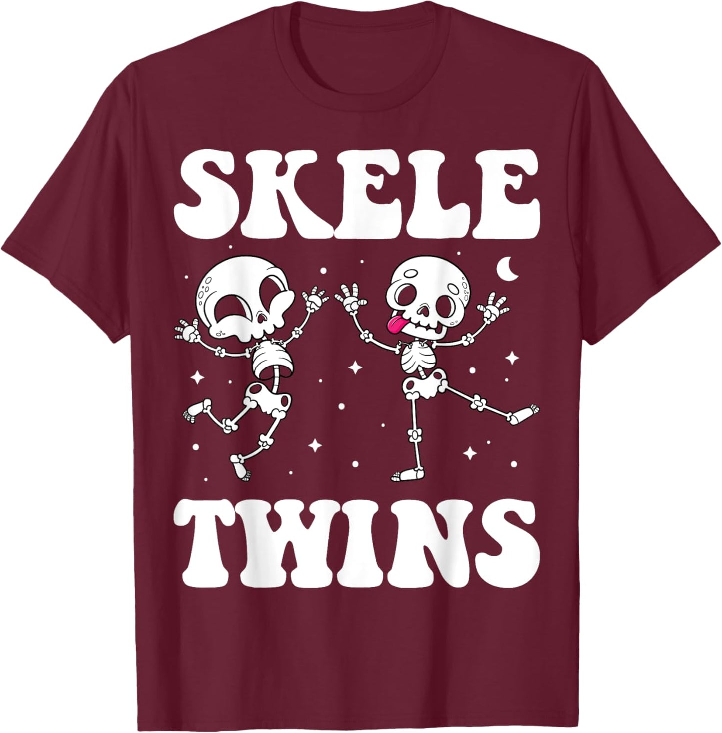 Cute Twin Day Halloween Twinning Girls Boys Outfit Funny Dancing Skeletons Twins Halloween Matching Skeletwins T-Shirt - T-Shirt | Maroon
