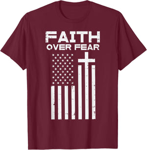 Faith Over Fear US Flag Cross Jesus Christian Men Women Kids T-Shirt - T-Shirt | Maroon