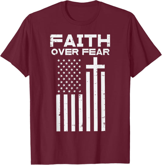 Faith Over Fear US Flag Cross Jesus Christian Men Women Kids T-Shirt - T-Shirt | Maroon