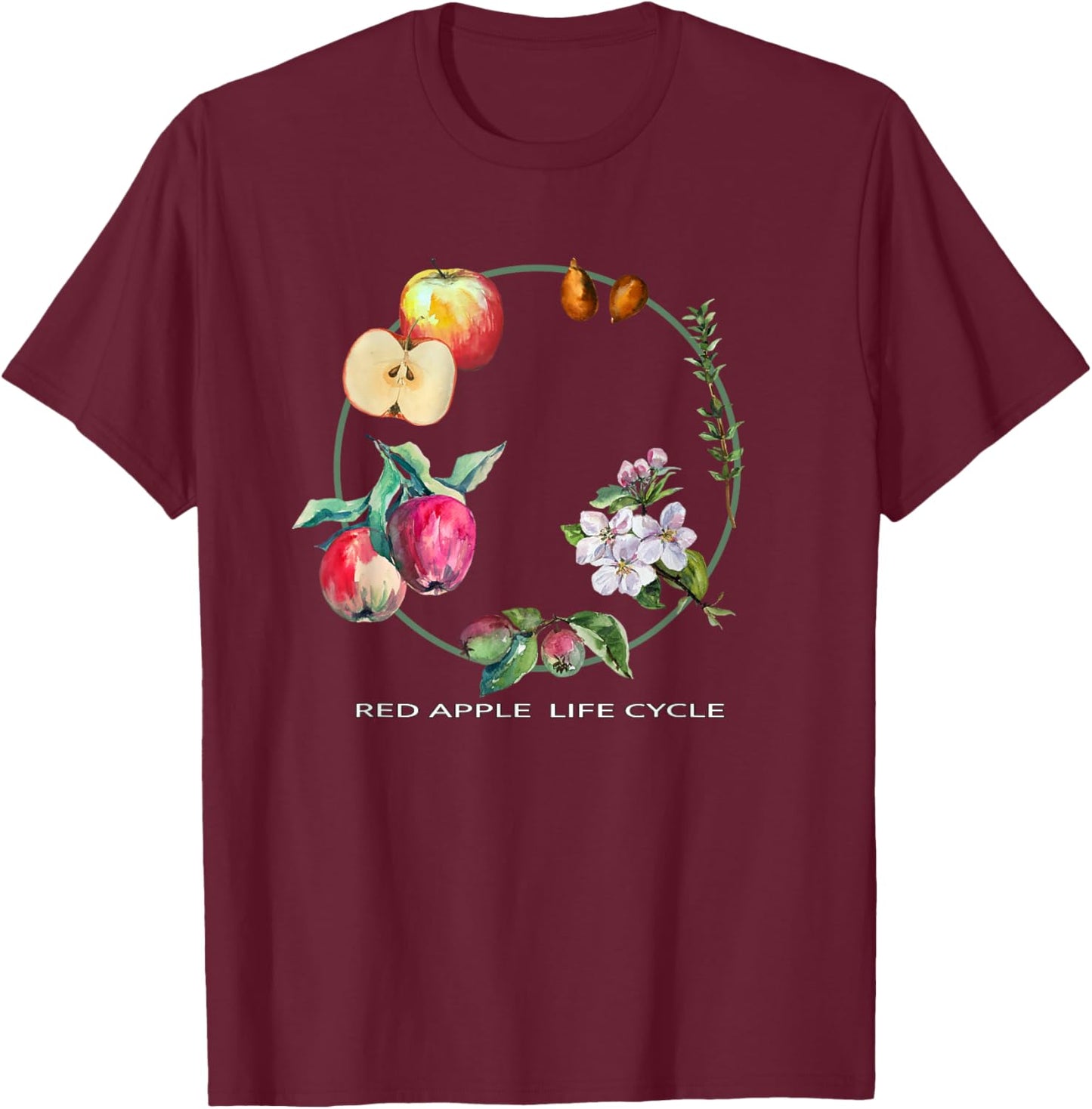 Red Apple Tree Life Cycle Process From Seeds to Fruits Art T-Shirt - T-Shirt | Maroon