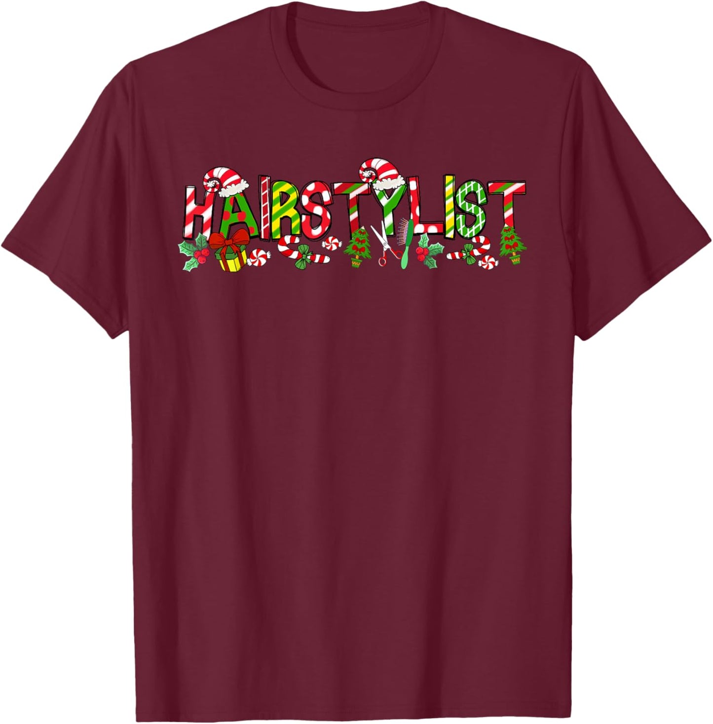 Hairstylist Santa Hat Candy Cane Christmas Funny Xmas T-Shirt - T-Shirt | Maroon