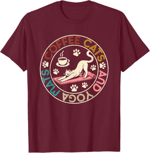 Coffee Cats And Yoga Mats - Funny Cats And Yoga Lover T-Shirt - T-Shirt | Maroon