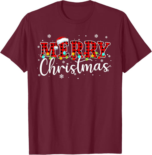 Merry Christmas Buffalo Plaid Red Santa Family Xmas Pajamas T-Shirt - T-Shirt | Maroon