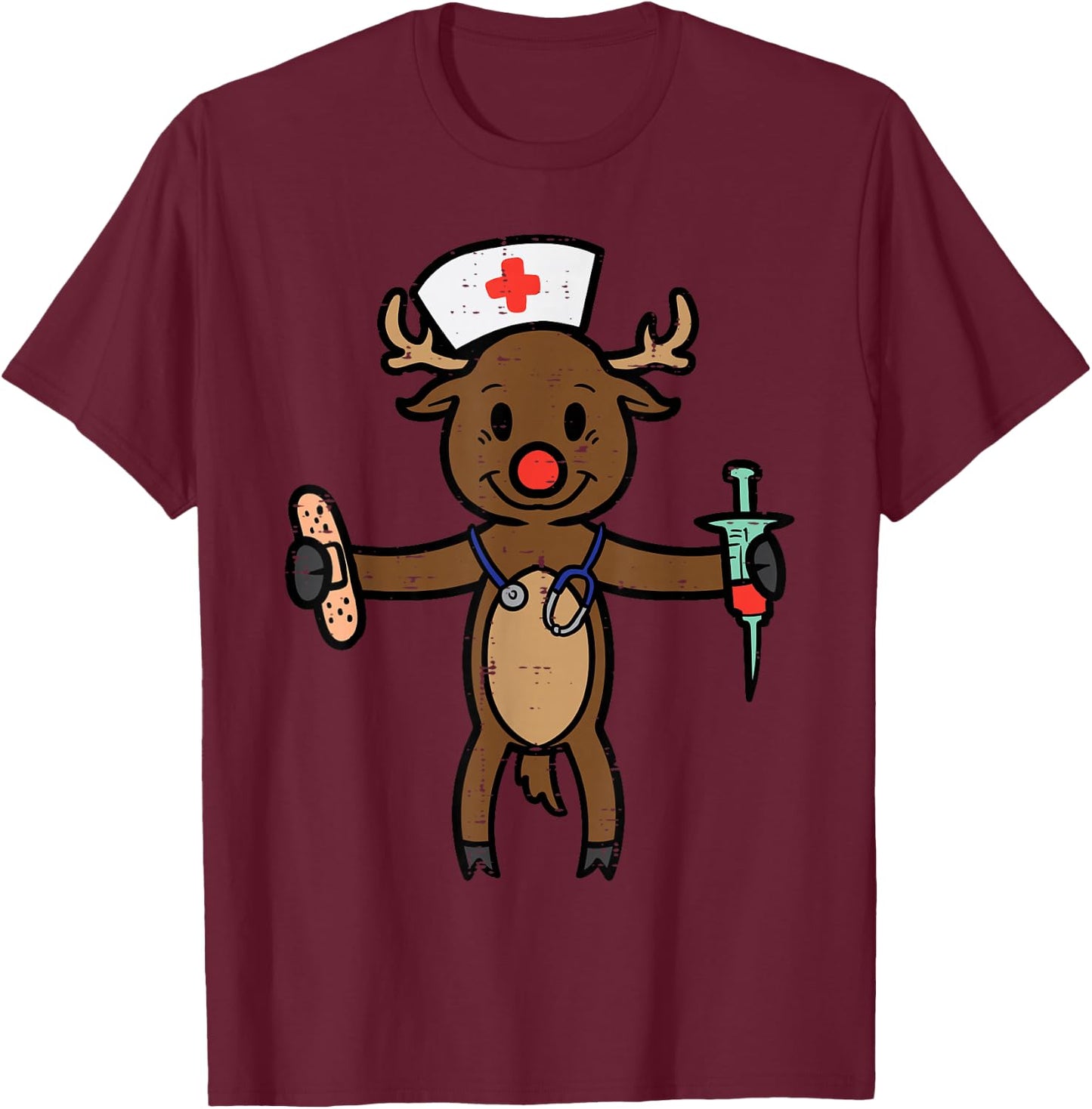 Christmas Nurse Reindeer Funny Xmas Nursing Scrub Top Women T-Shirt - T-Shirt | Maroon