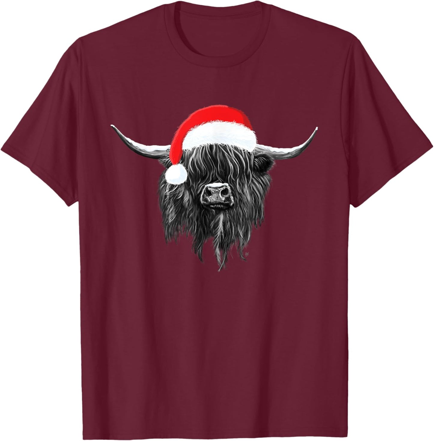 Scottish Highland Cow Christmas Santa Hat T-Shirt - T-Shirt | Maroon