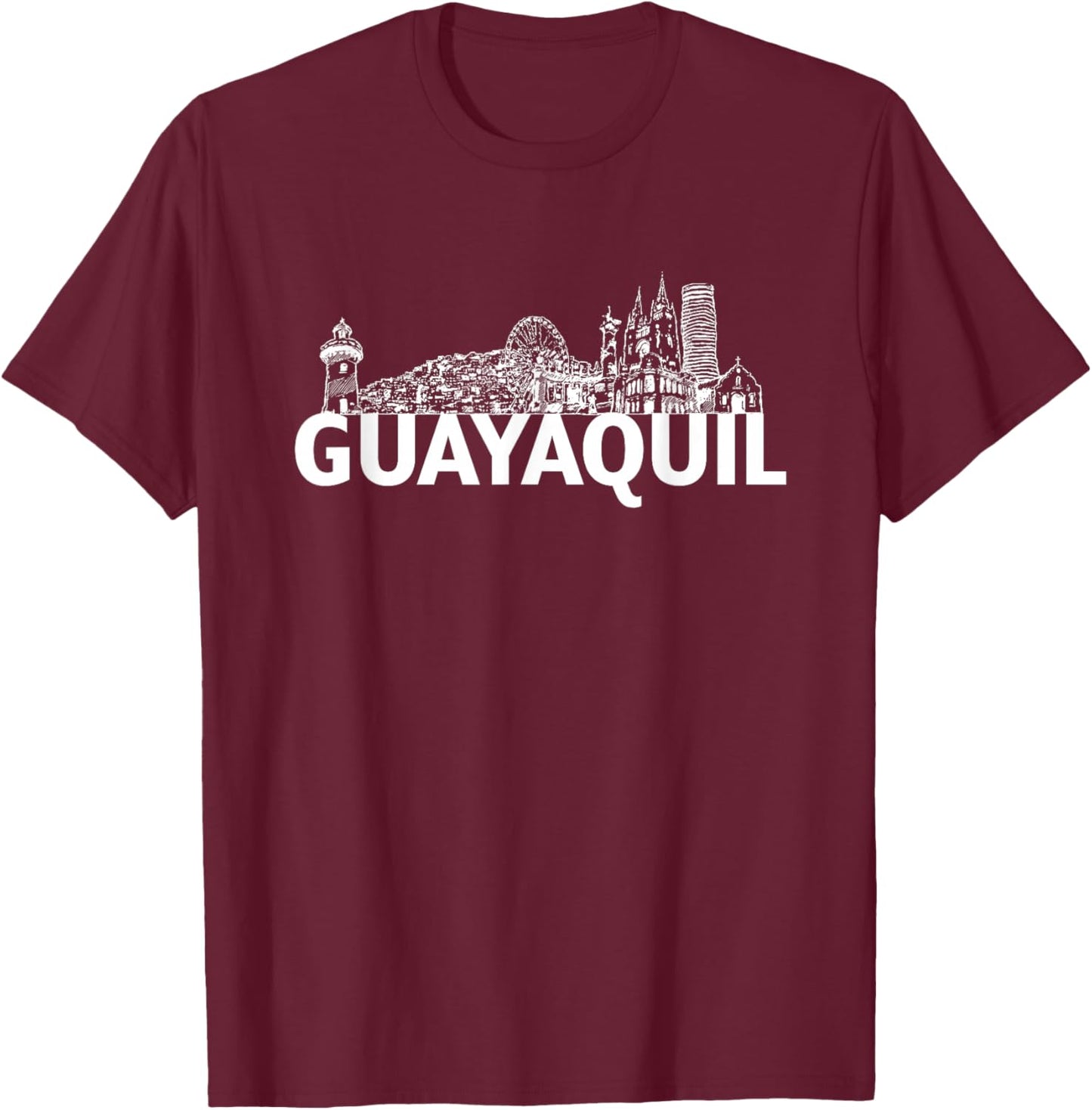 Guayaquil Ecuador City Skyline Silhouette Outline Sketch T-Shirt - T-Shirt | Maroon