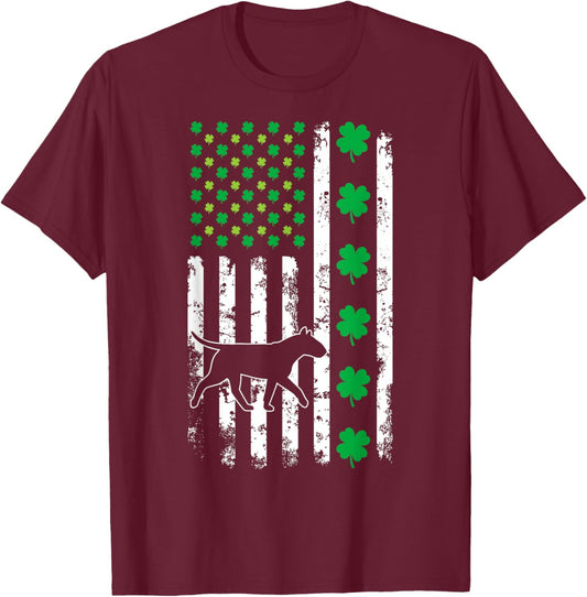 US American Flag Shamrocks Bullterrier Lucky Clover Dog T-Shirt - T-Shirt | Maroon