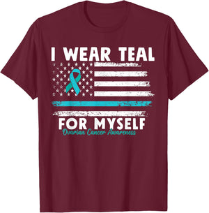 American Flag Teal Ribbon Ovarian Cancer Awareness T-Shirt - T-Shirt | Maroon