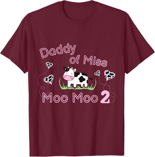 Girl Second Birthday Party Pink Cow Daddy Moo I'm Two Animal T-Shirt - T-Shirt | Maroon