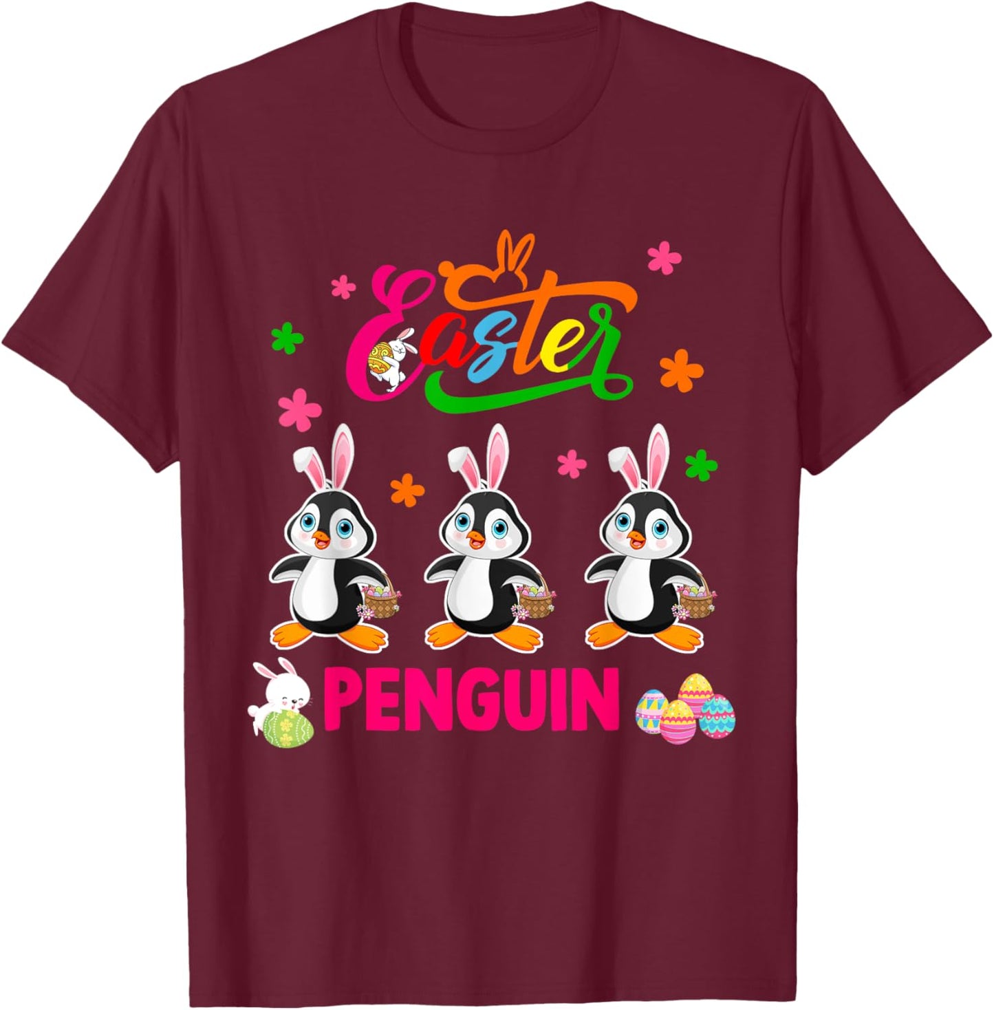 Easter Penguin Three Cute Bunny Penguins Hunting Eggs Basket T-Shirt - T-Shirt | Maroon