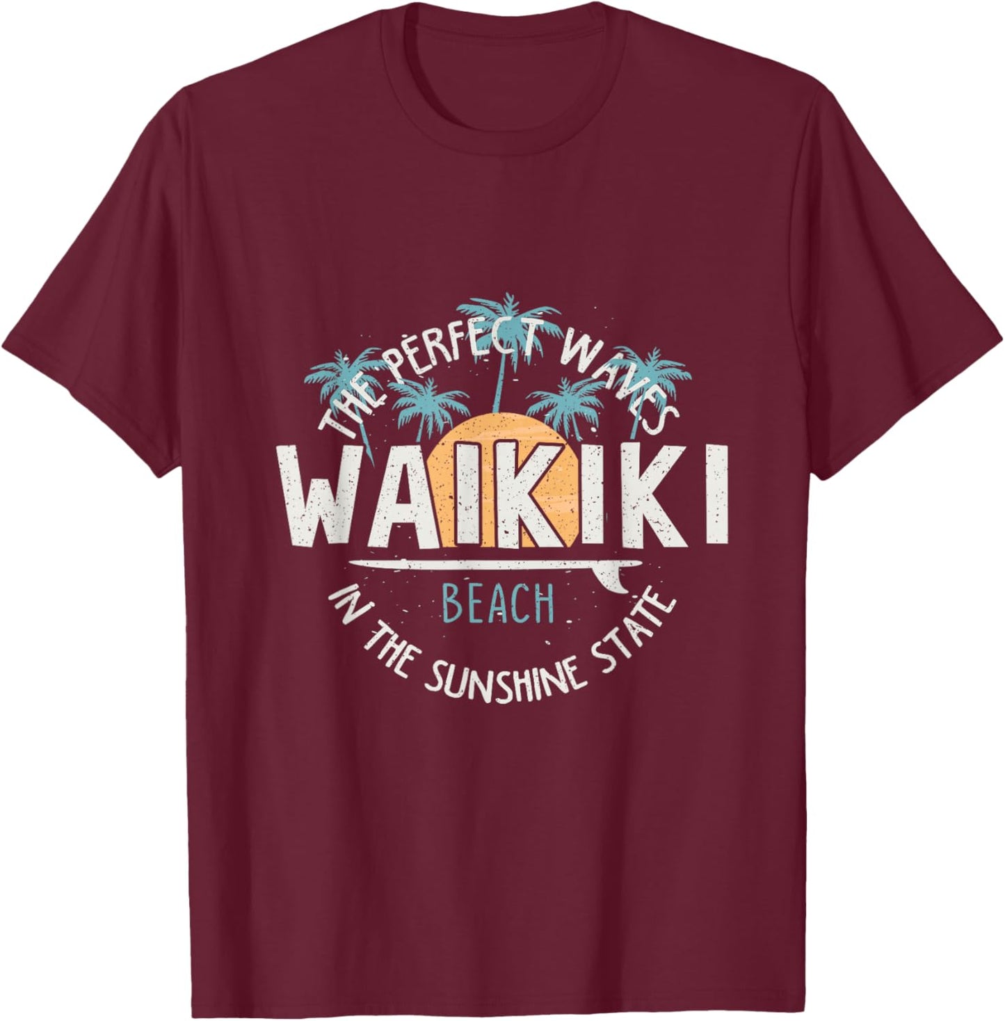 Vintage Sunset Palm Tree Waikiki Hawaii Surfing Vacation T-Shirt - T-Shirt | Maroon