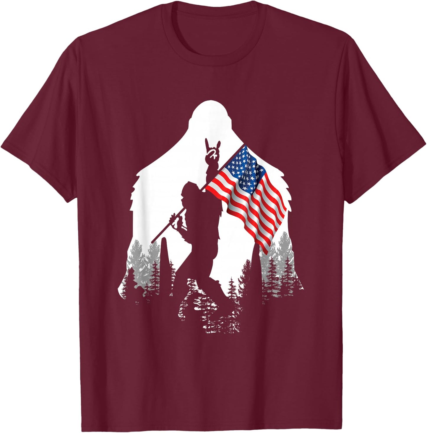 Big Foot Shirt - Bigfoot Sasquatch American Flag Patriotic T-Shirt - T-Shirt | Maroon