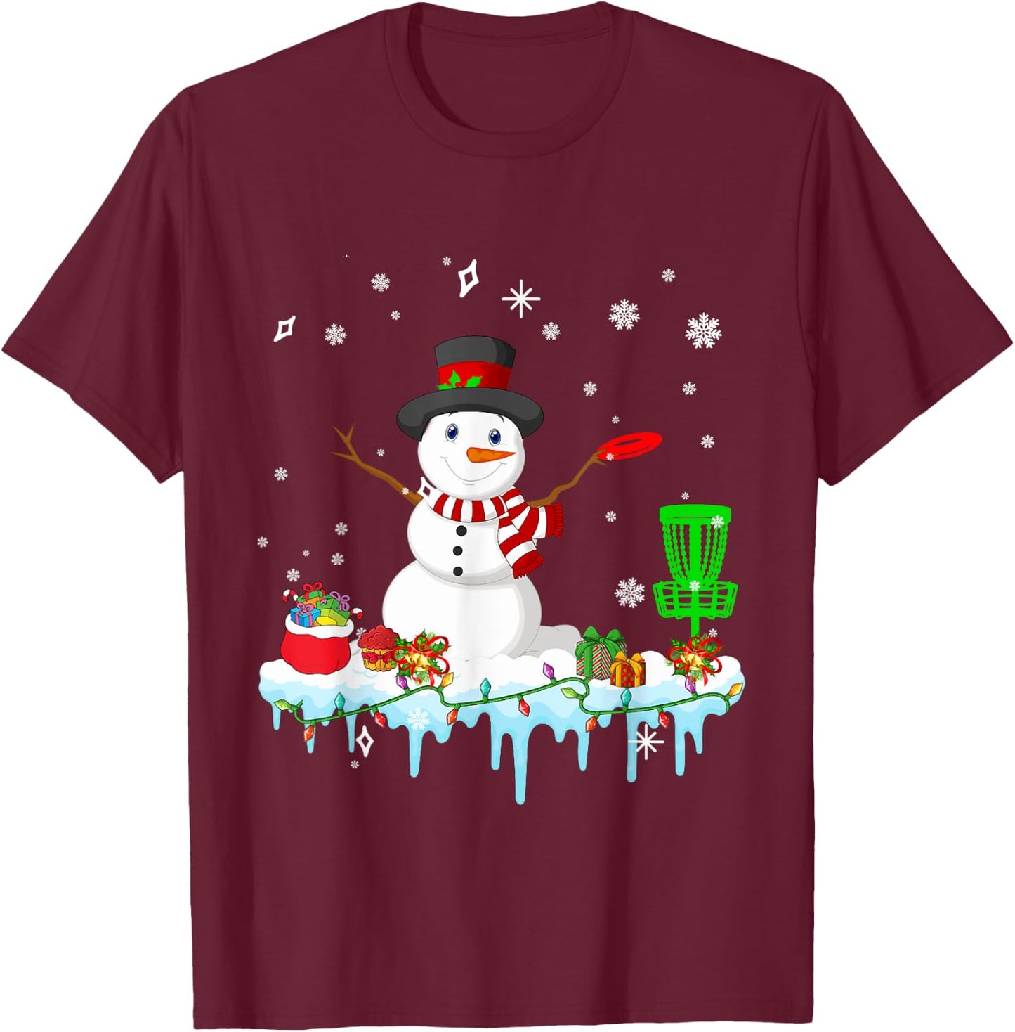Snowman Playing Disc Golf Christmas Disc Golf Player Lover T-Shirt - T-Shirt | Maroon