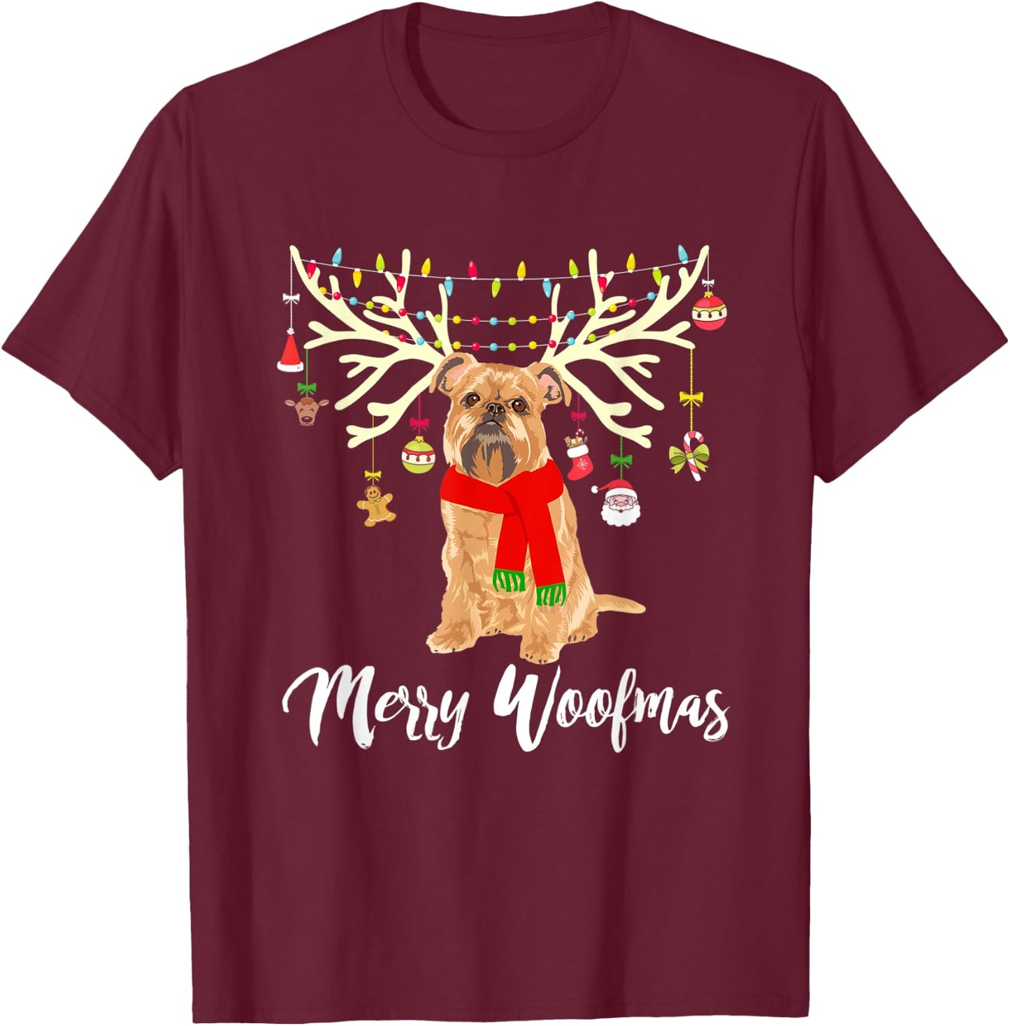 Merry Woofmas Brussels Griffon Reindeer Christmas Dog T-Shirt - T-Shirt | Maroon