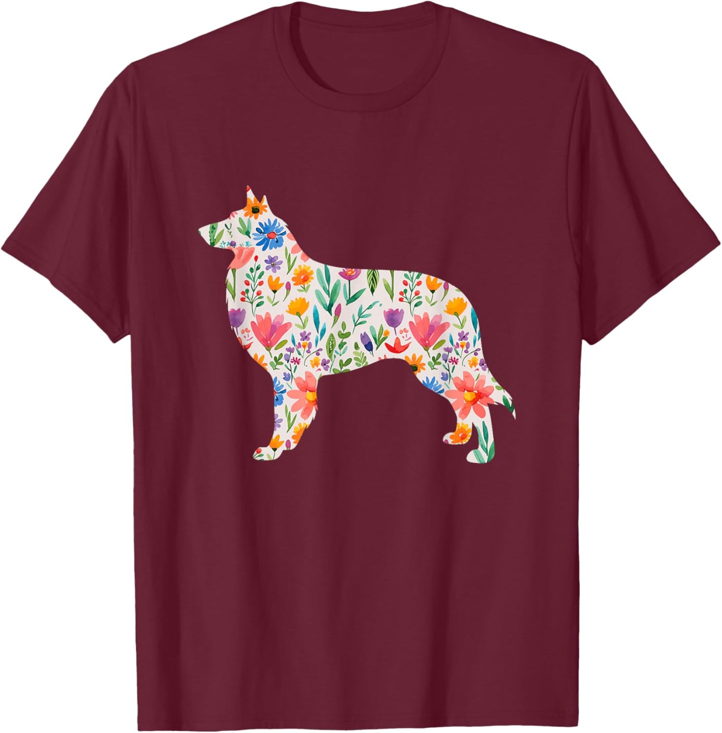 Belgian Sheepdog watercolor flowers design T-Shirt - T-Shirt | Maroon