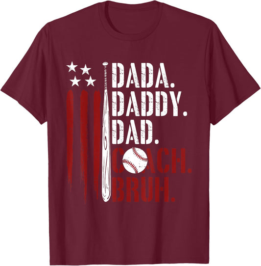 Dada Daddy Dad Bruh American Flag Baseball Coach Fathers Day T-Shirt - T-Shirt | Maroon