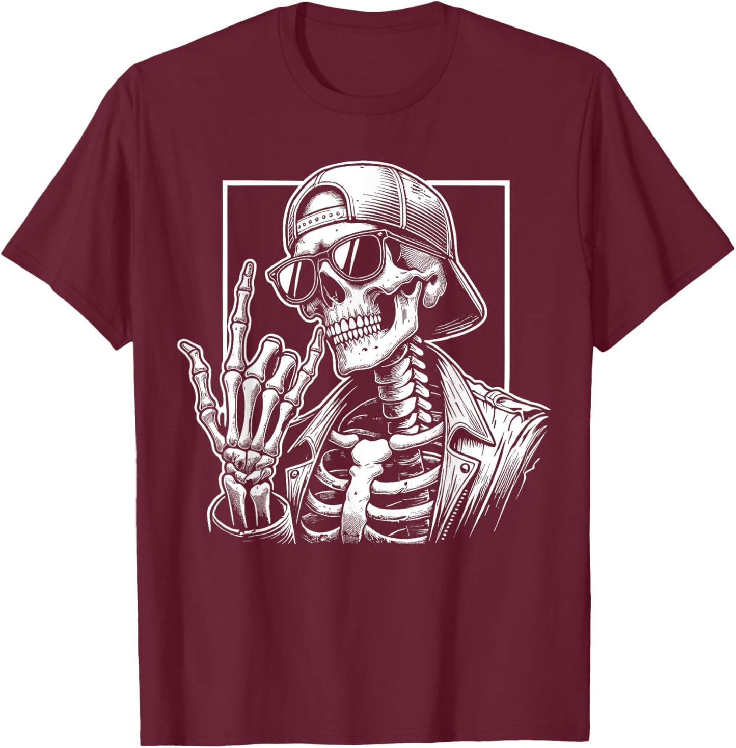 Skeleton Rock Hand Halloween Costume Rocker Cool Rock Music T-Shirt - T-Shirt | Maroon