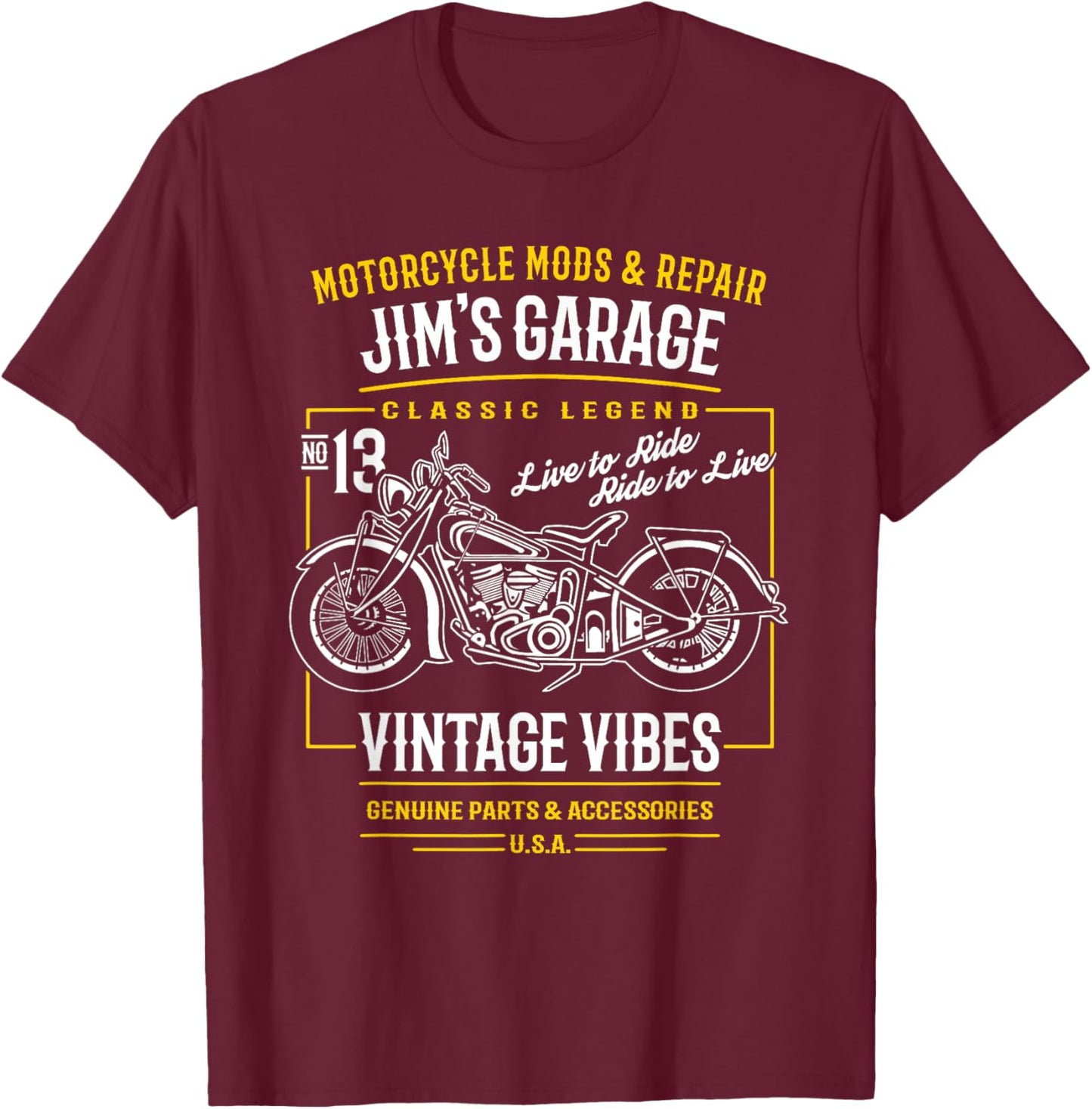 Jim's Garage Vintage Motorcycle Design for the Name Jim T-Shirt - T-Shirt | Maroon