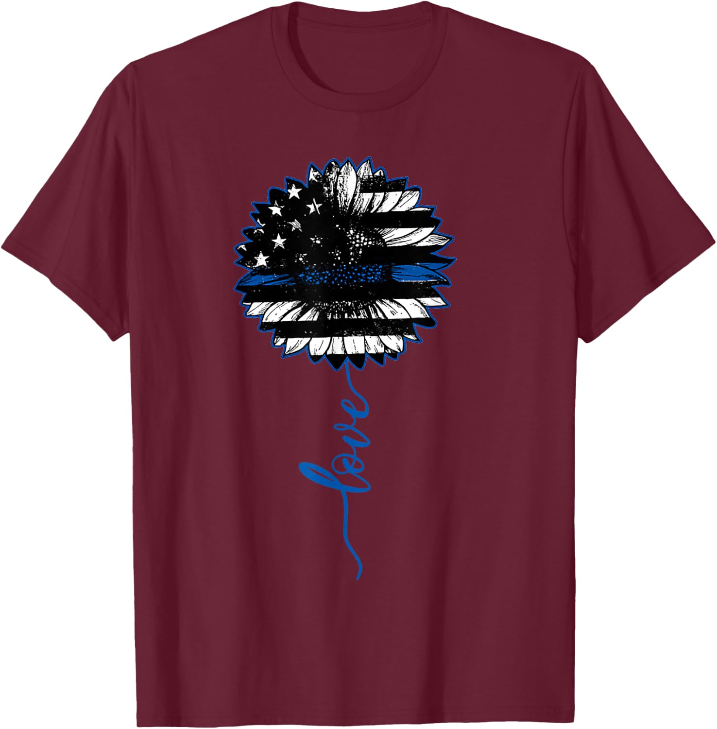 Love Thin Blue Line Sunflower T-Shirt - T-Shirt | Maroon