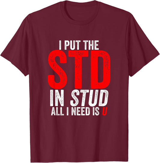 I Put the STD in Stud I Need Is U Weird Inappropriate Joke T-Shirt - T-Shirt | Maroon